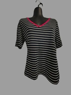 Tommy Hilfiger Navy Blue & White Striped V-Neck Tee with Red Trim